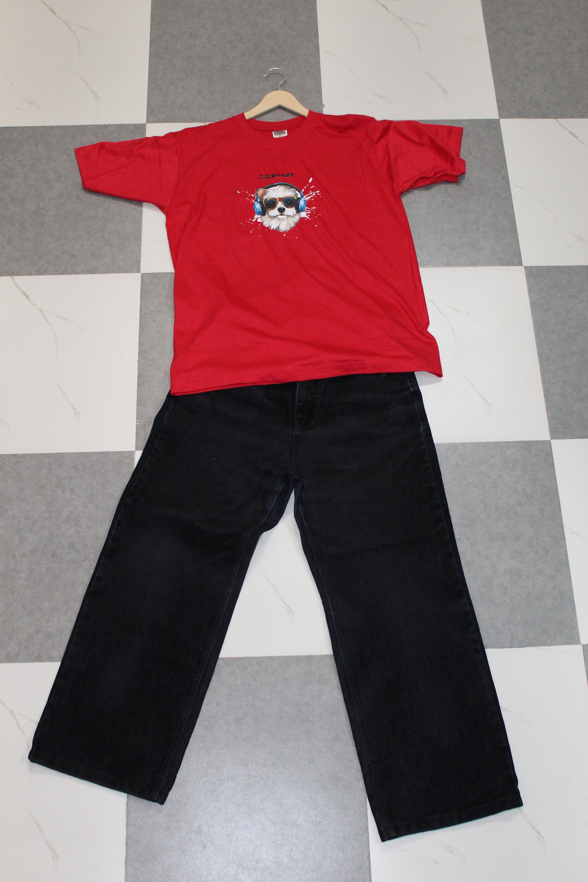 Tee and Pant Combo/ Red T-Shirt With Black Pant