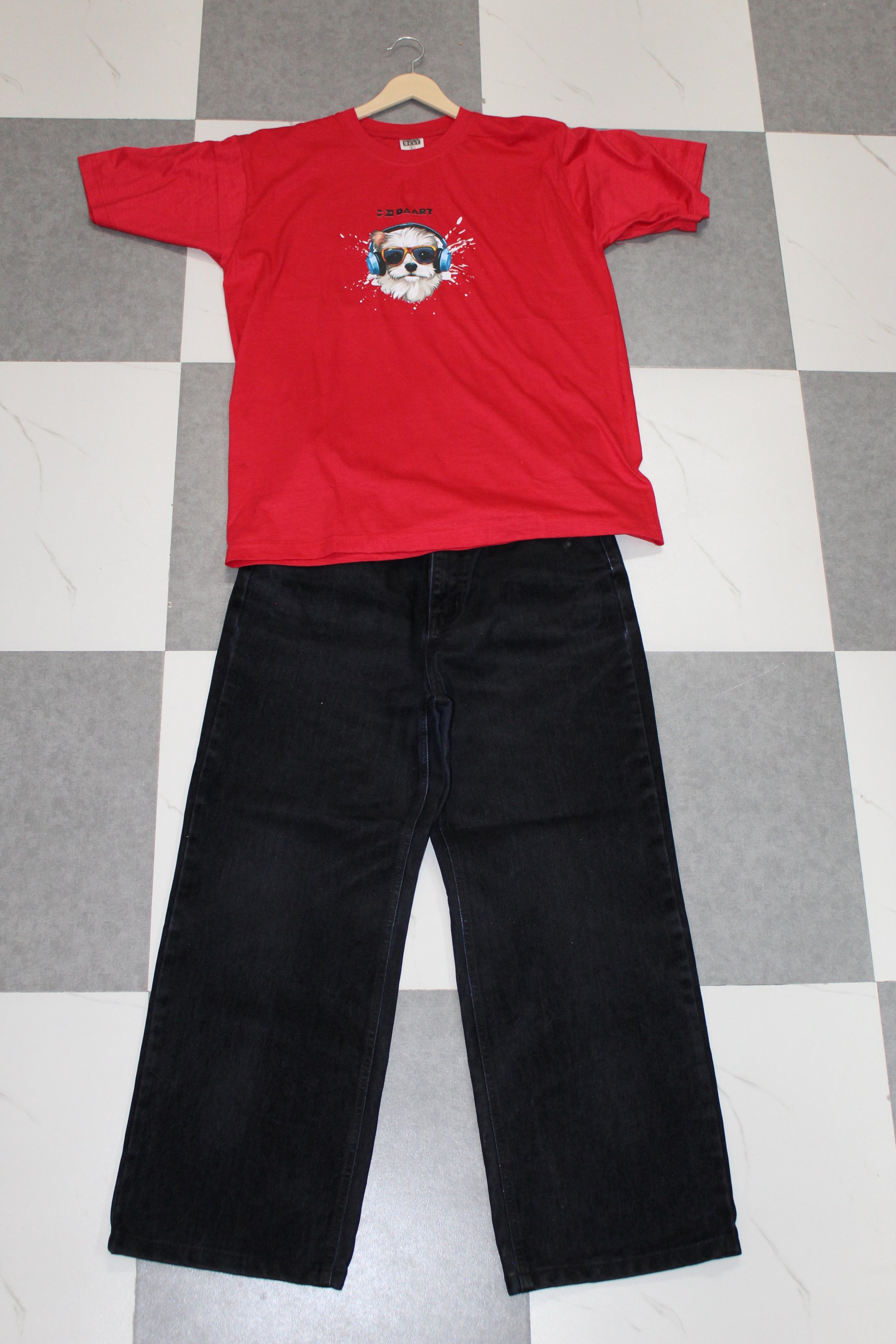 Tee and Pant Combo/ Red T-Shirt With Black Pant